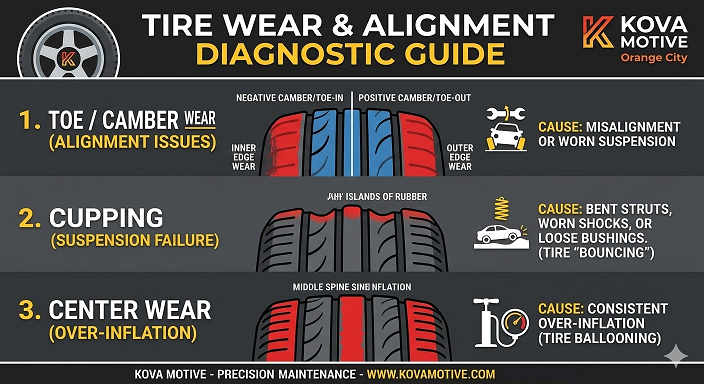 Tire wear diagnostic chart showing toe, camber, cupping, and over-inflation wear patterns at Kova Motive.
